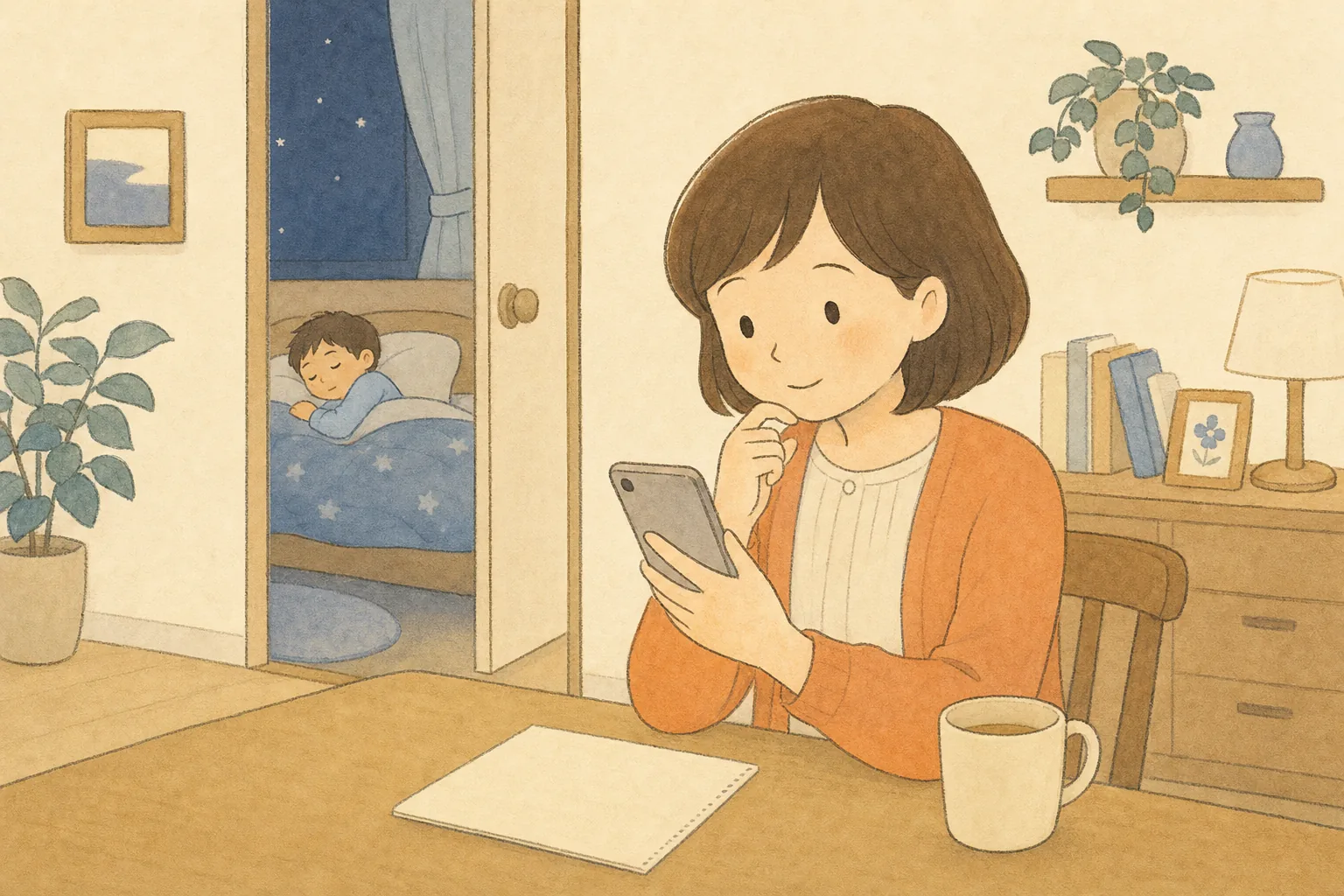 夜に成長期の栄養について調べる保護者のイラスト