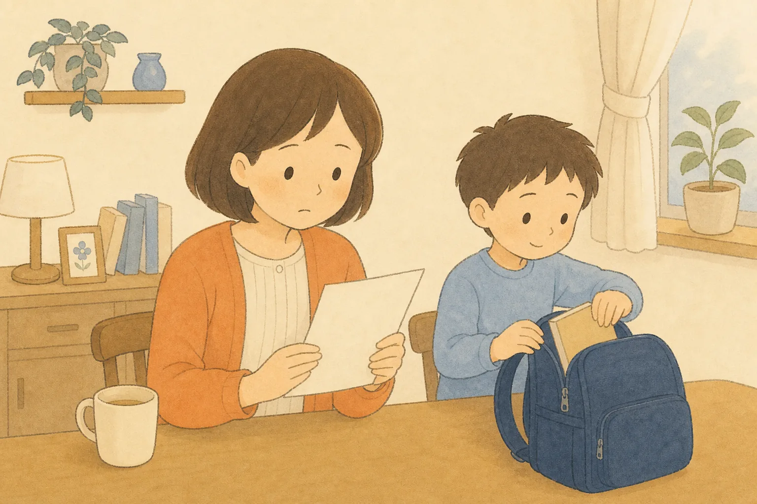 身体測定の記録を見ながら子どもの成長を考える保護者のイラスト