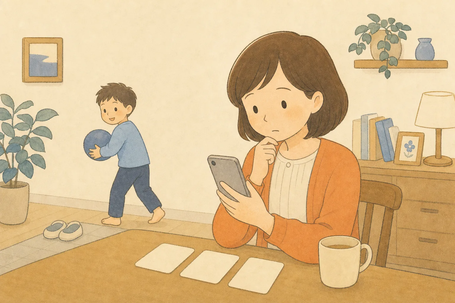 多くの商品情報を前に選び方を迷う保護者のイラスト