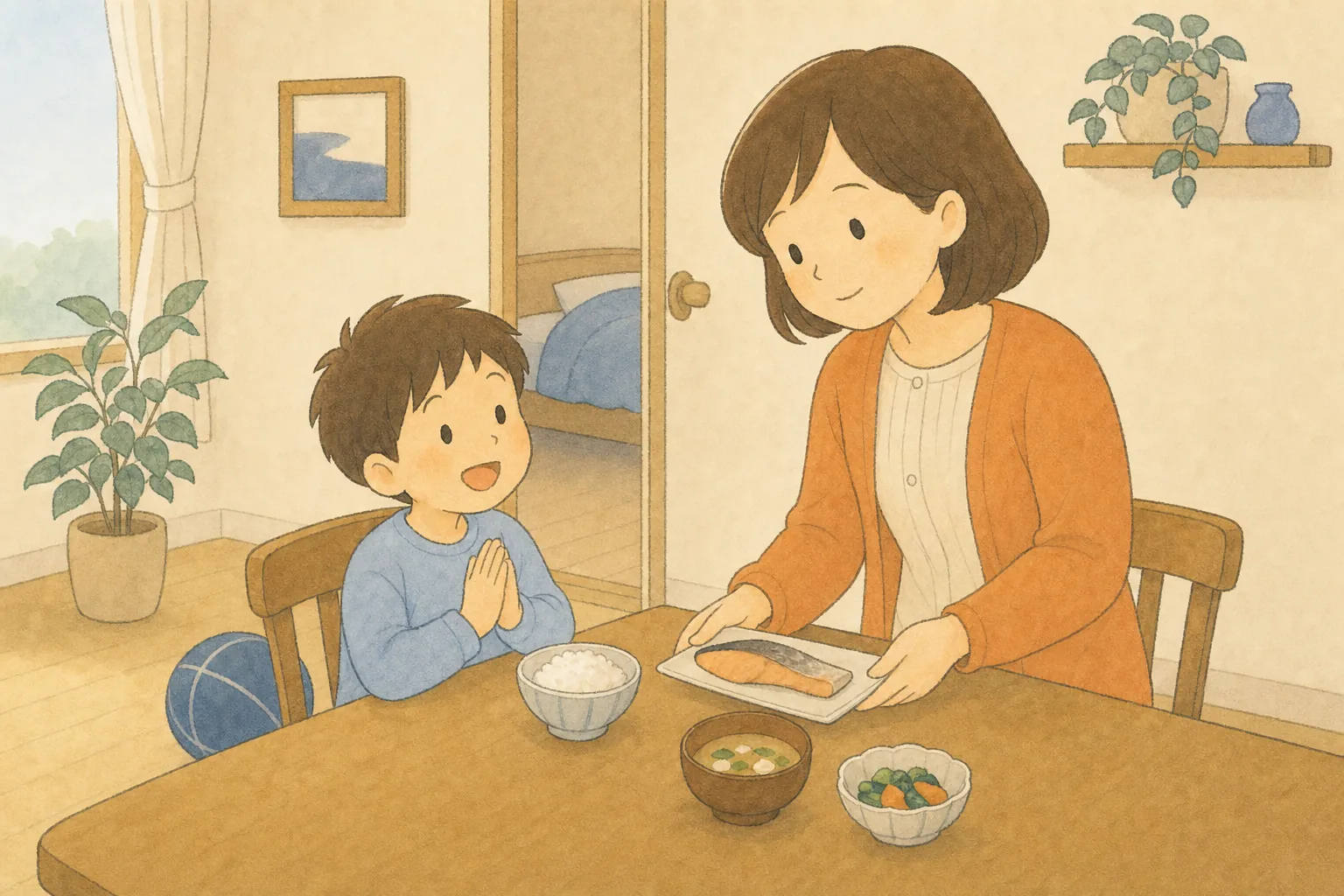 食事・運動・休養を大切にする親子の朝食風景のイラスト