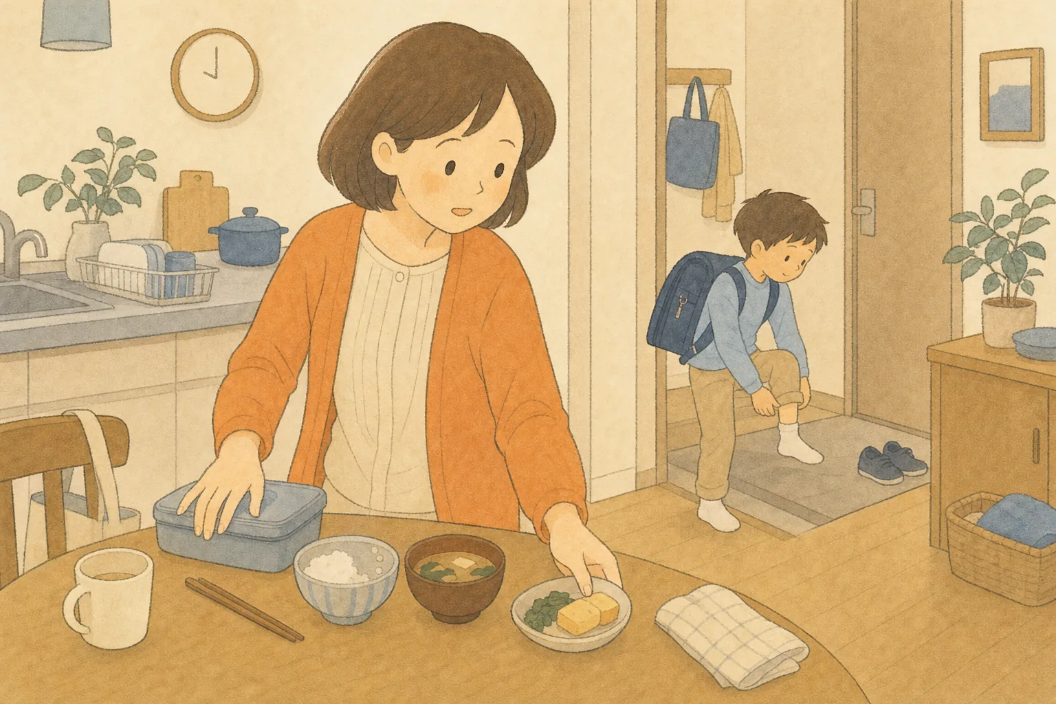 朝食と学校の支度が重なる忙しい朝の親子のイラスト