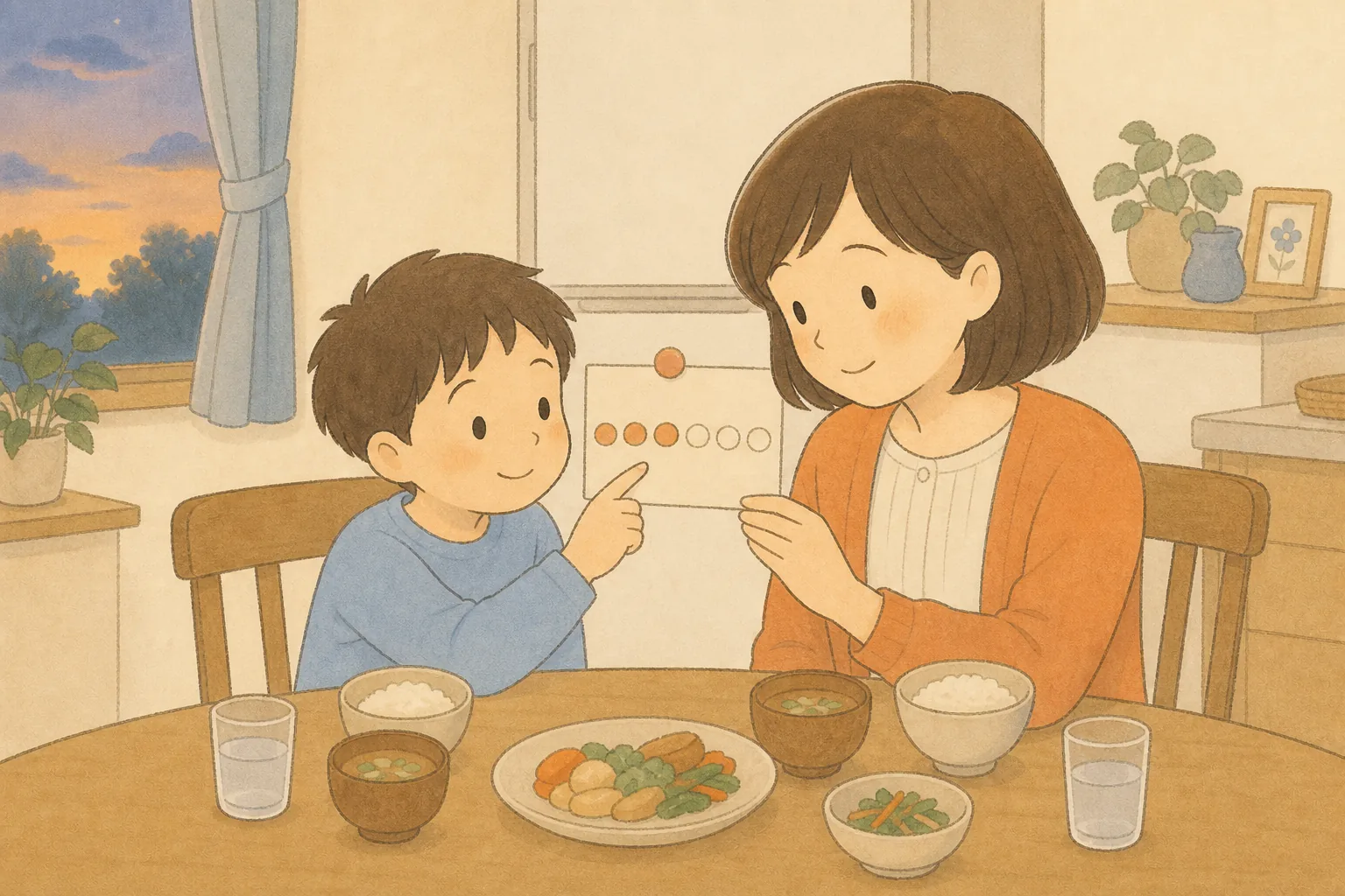 無理なく続けられる習慣を親子で確認するイラスト