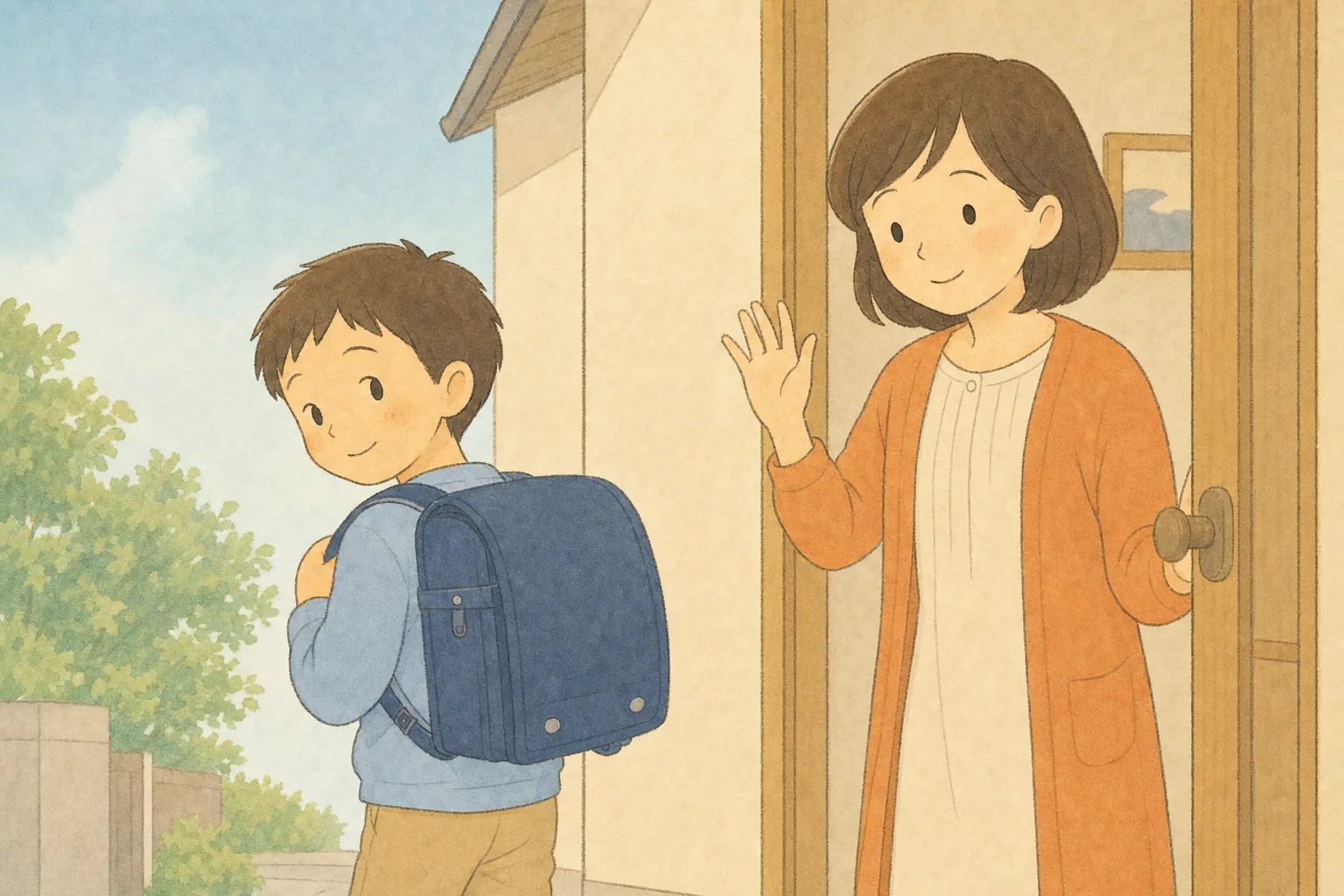 子どもを学校へ送り出す保護者のイラスト